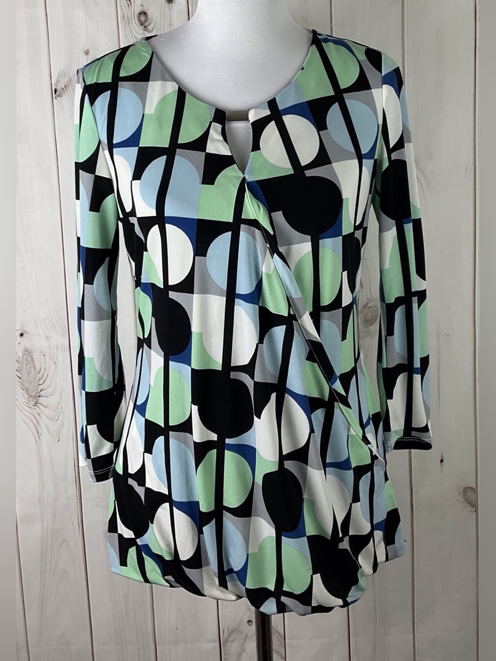 Dana Buchman Multicolor Geo Print 3/4 Sleeve Faux Wrap Stretch Top Size S